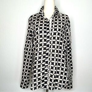 Cino Clover Print Buttoned Front Long Sleeve Top 100% Cotton Black & White Large